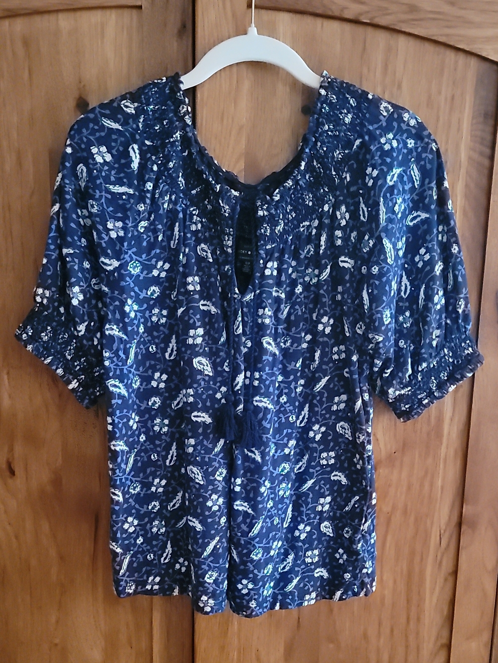 Lucky Brand 100% Cotton Navy Floral Tassel Peasant Blouse